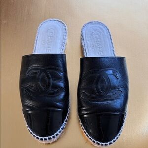 CHANEL Black Leather Espadrille Mules